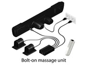 A black and white image featuring a remote control next to a bed massage unit, showcasing relaxation technology.