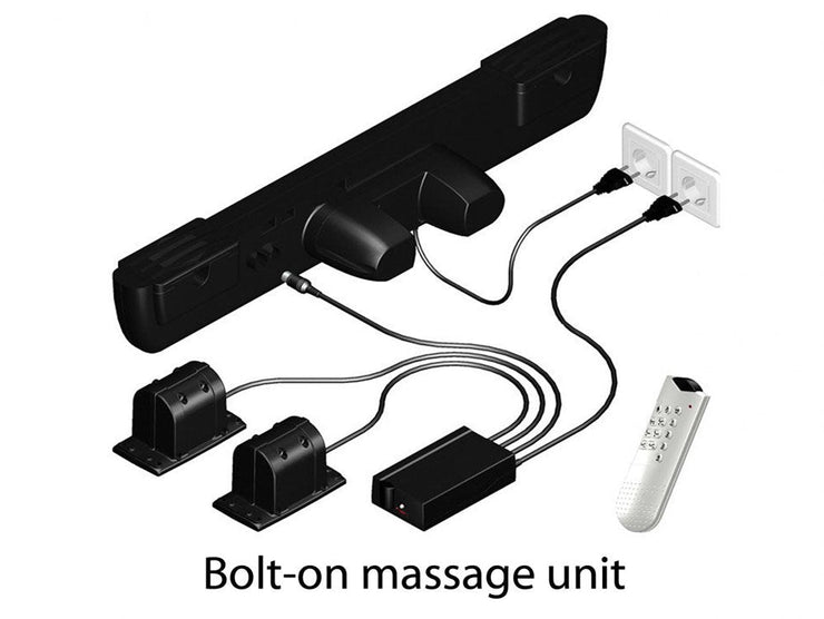 A black and white image featuring a remote control next to a bed massage unit, showcasing relaxation technology.