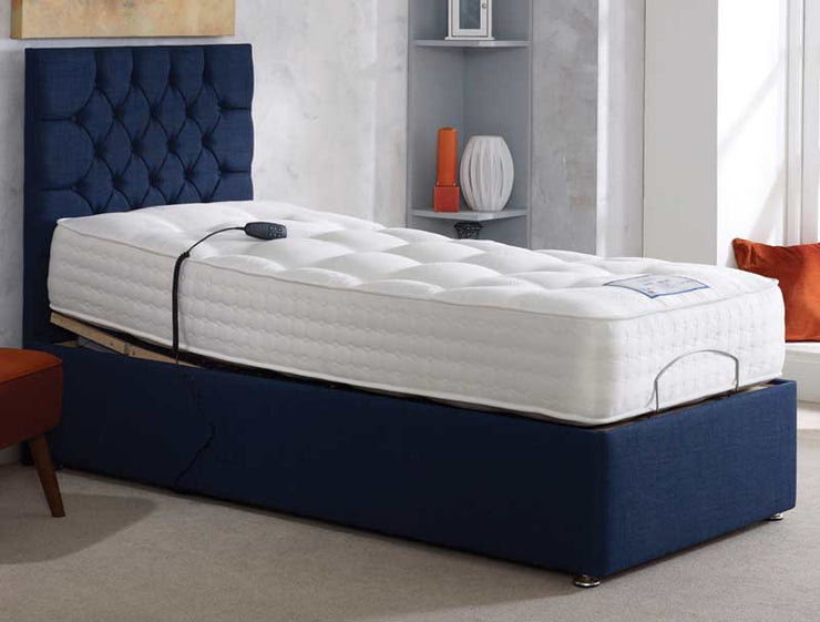 A blue adjustable bed featuring a comfortable mattress and a stylish blue headboard.